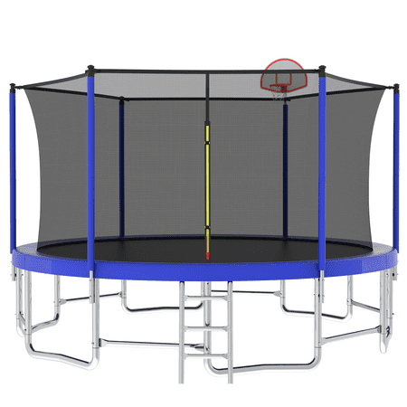 16FT Kids Trampoline with Hoop - Outdoor Trampoline W/Enclosure Net & Ladder, XXL Round Trampolines with Steel Support, Max Weight Capacity 1320LBS