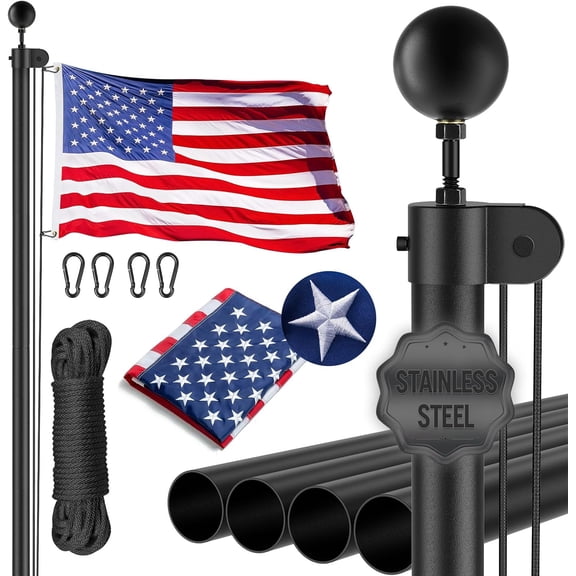 16FT Pole for Outside House, Full Black Stainless In Ground Flagpole with 3x5 , 130MPH Wind Resistant for Residential or Commercial Use
