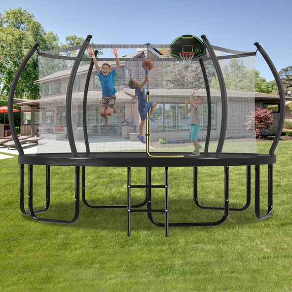 16FT Round Outdoor Trampoline with Basketball Hoop, Enclosure Net & Curved Poles