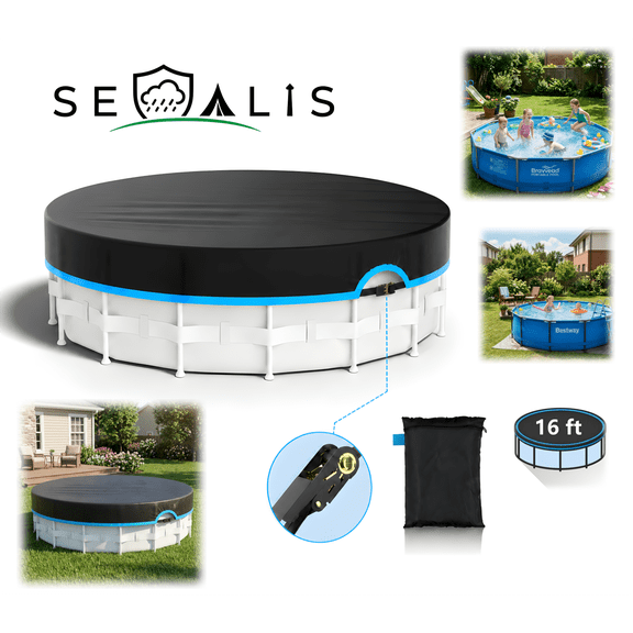 Seralis 16' Round Pool Cover with Winch & Cable Solar Cover for Above Ground Pools UV Resistant Waterproof Blue