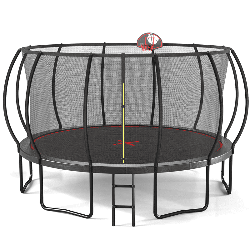 16FT Round Trampoline with Safety Enclosure, Basketball Hoop & Ladder, Galvanized Steel Frame, Outdoor Backyard Trampoline for Kids, Black