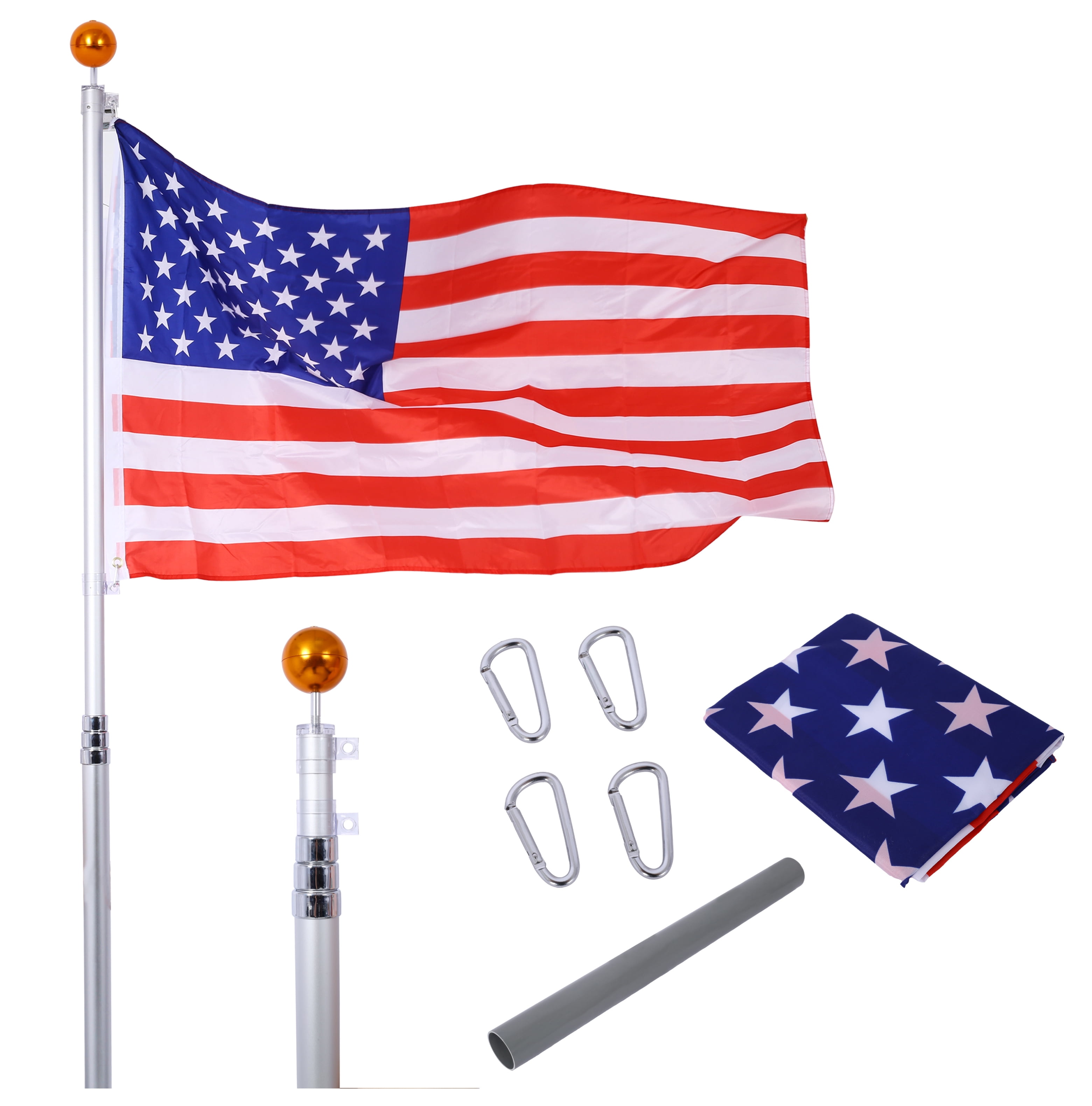 16FT Telescopic Flag Pole Kit, Sectional Flag Pole Kit, Extra Thick ...