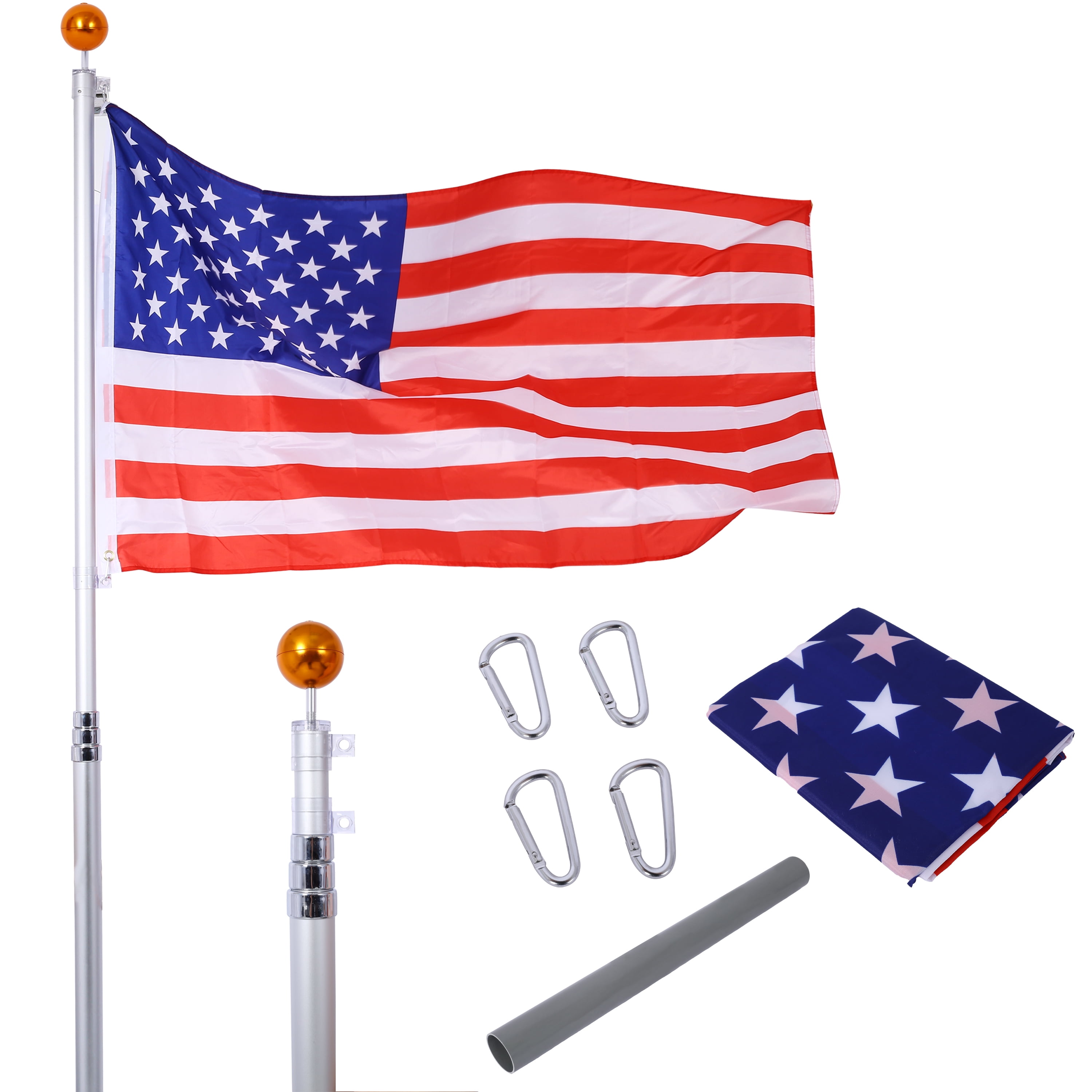 16FT Telescoping Flag Pole with 3x5 Polyester American Flag and Golden Ball,Outdoor Inground Flag Poles Extra Thick Heavy Duty Aluminum Flagpole