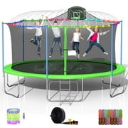 16FT Trampoline for Adults Kids, 1500LBS No-Gap Design - Outdoor Backyard Trampoline with Basketball Hoop, Enclosure, Sprinkler, Light and Socks, for Happy Family Time, Green