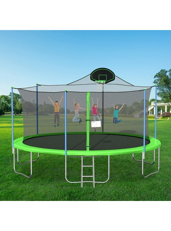 16FT Trampoline with Basketball Hoop, Trampoline 16 FT with Enclosure Net and Ladder, Large Recreational Outdoor Backyard Trampoline, No-Gap Design 1500LBS Capacity for 5-7 Kids, Green
