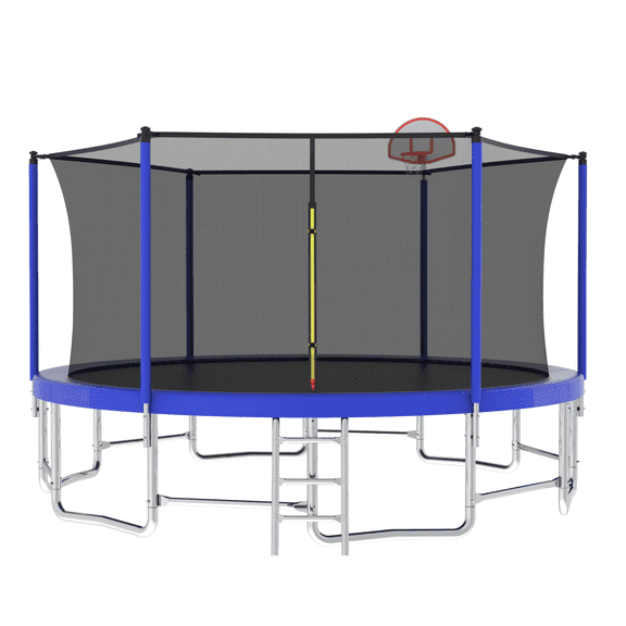 16FT Trampoline with Balance Bar & Basketball Hoop & Ball,  Reinforced Outdoor Trampoline with Enclosure Net, Acacia Wood/Blue