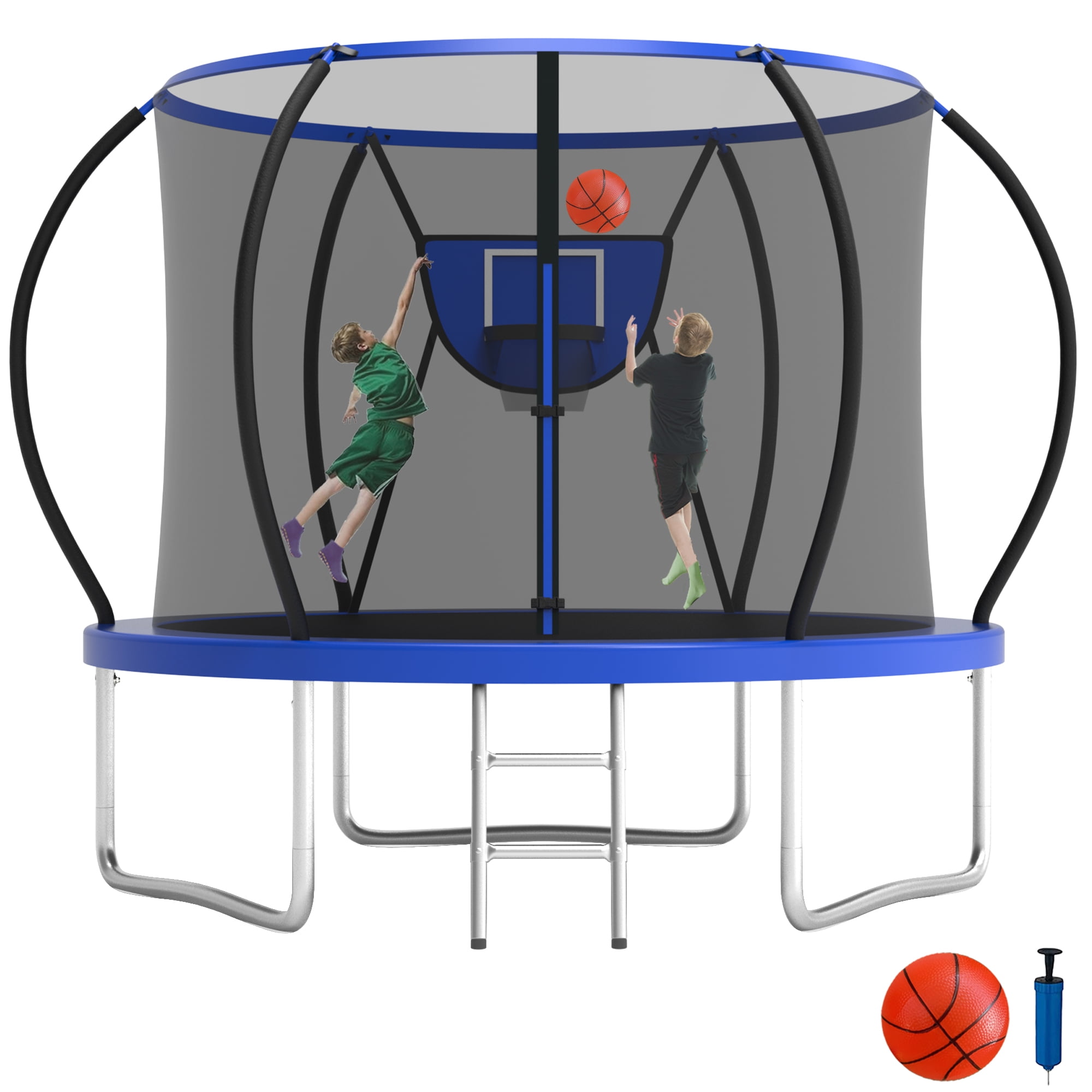 KOFUN 8FT Trampoline with Basketball Hoop, 800LBS Heavy Duty Trampoline for Adults Capacity for 1-2 Kids, No Gap Design Backyard Trampoline with Enclosure Net, Ladder, A Ball, Blue