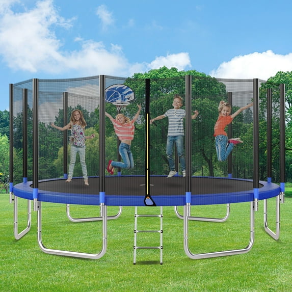 16FT Trampoline for Kids with Enclosure,Recreational Backyard Trampoline Safety Enclosure Net, Basketball Hoop and Ladder, Large Outdoor Trampoline Easy Assembly for 6-8 Children and Teens, Adults