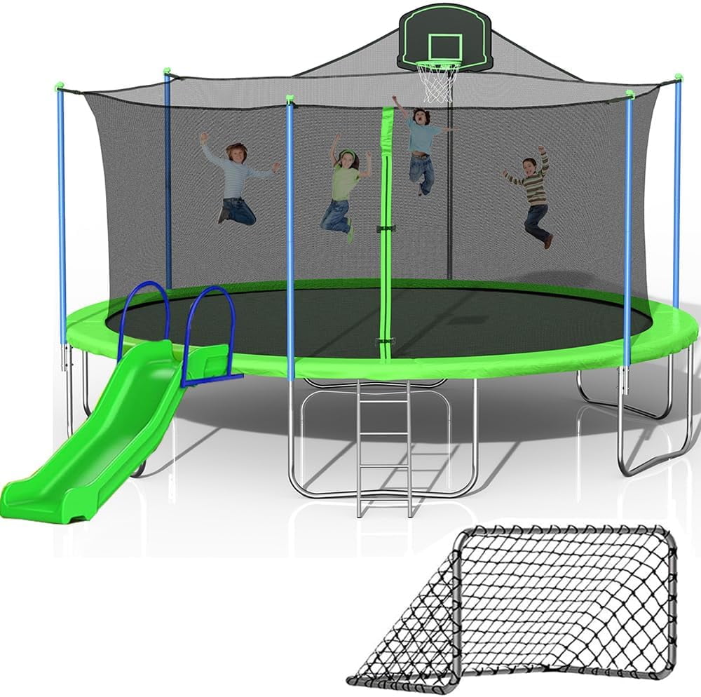16FT Trampoline with Slide and Soccer Goal, Backyard Trampolines with