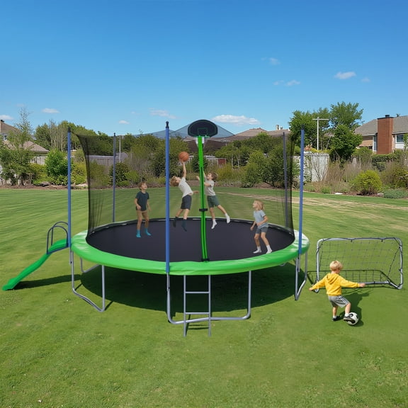 16FT Trampoline with Slide, SEGMART Recreational Trampoline with Basketball Hoop and Ladder, Heavy Duty Outdoor Backyard Trampoline with Net for Kids and Adults, Green