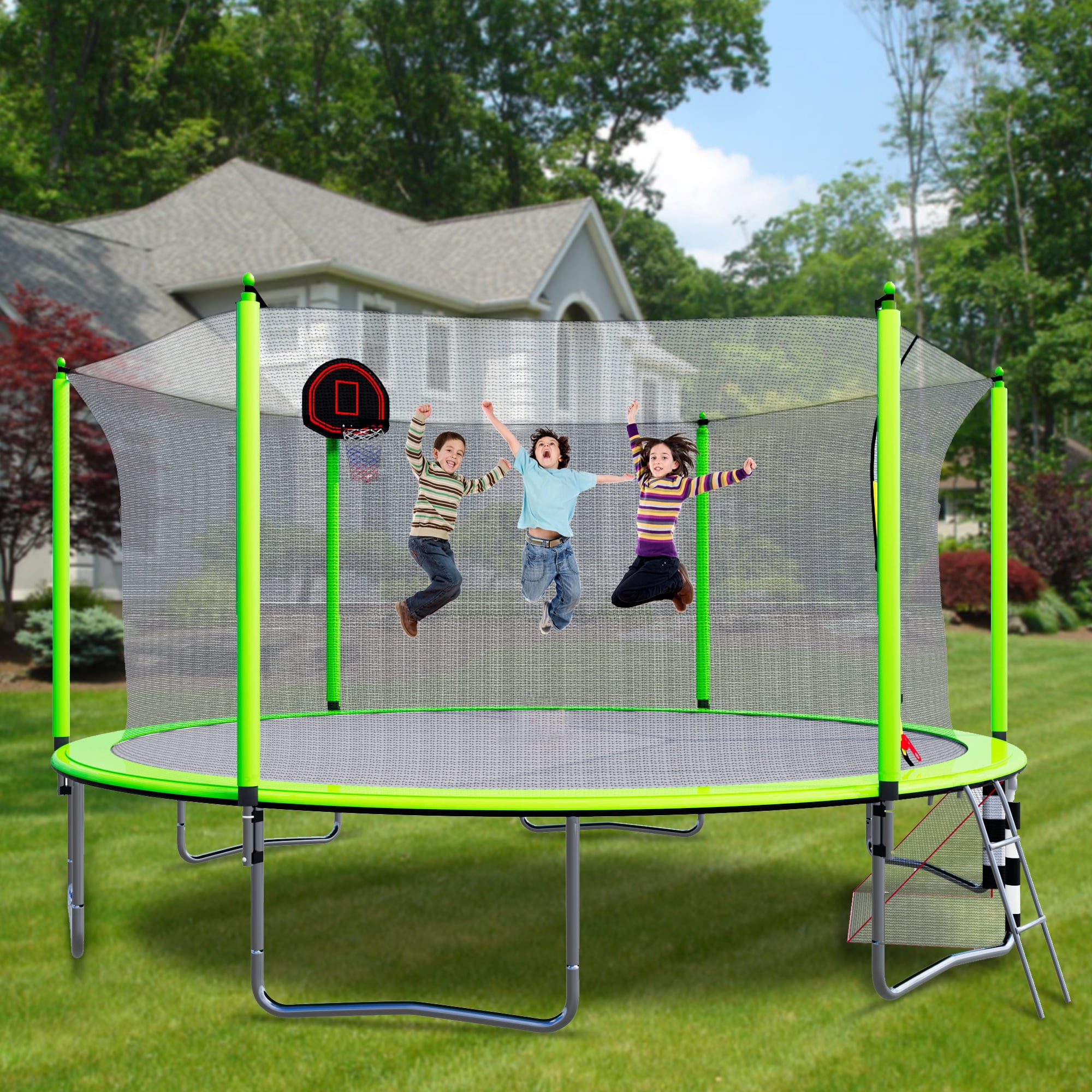 16FT Trampoline with Soccer Goal, SEGMART Recreational Trampoline with Basketball Hoop and Ladder, Heavy Duty Outdoor Backyard Trampoline with Net for Kids and Adults, Green