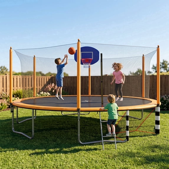 16FT Trampoline with Soccer Goal, SEGMART Recreational Trampoline with Basketball Hoop and Ladder, Heavy Duty Outdoor Backyard Trampoline with Net for Kids and Adults, Orange