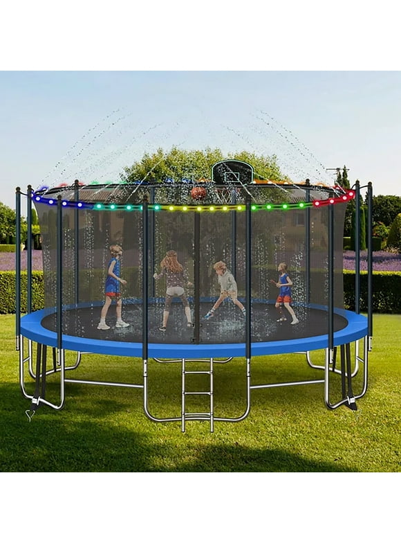16FT Trampoline for 8-9 Kids Adults with Basketball Hoop, Ladder, Light, Sprinkler, Socks, Outdoor Heavy Duty Recreational Trampoline