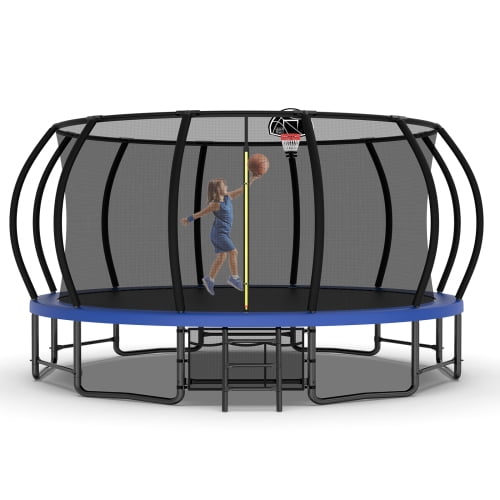 16FT Trampoline for Kids and Adults,Outdoor Pumpkin Trampolines with Curved Poles,Heavy Duty Trampoline with Ladder and Basketball Hoop,Blue