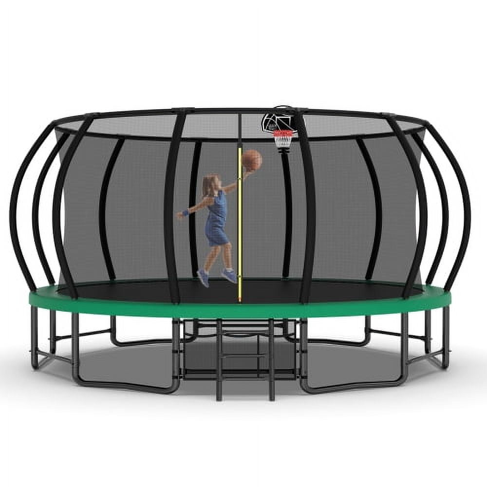 16FT Green Round Heavy Duty Trampoline with Ladder and Basketball Hoop