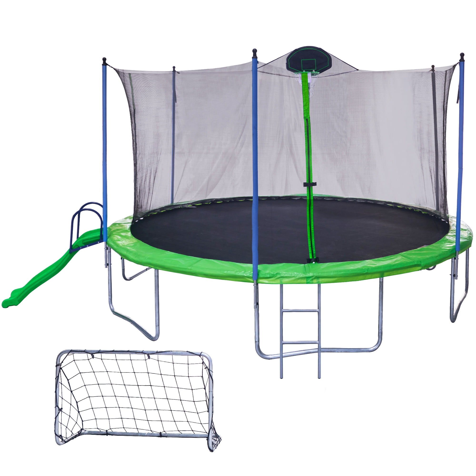 16FT Trampoline with Soccer Goal Net ,Outdoor Trampoline with Basketball Hoop and Ladder,Large Recreational Trampoline for Kids and Adults,Green