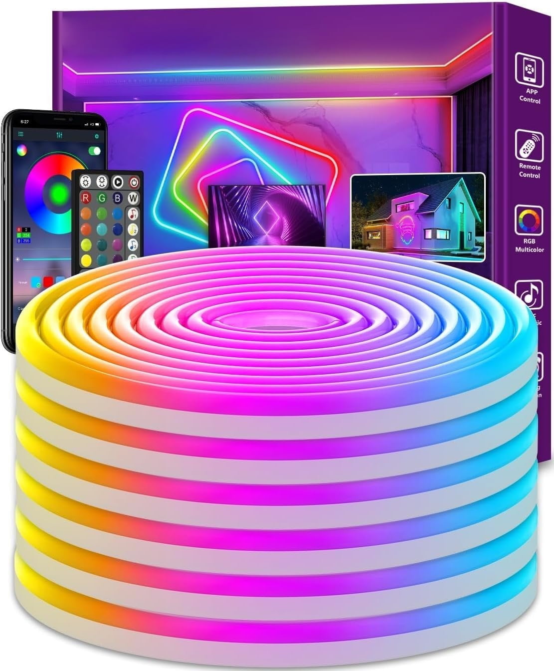 16Ft/ 33Ft / 49Ft  LED Neon Rope Lights, Music Sync Waterproof IP65 Outdoor/Indoor RGB Strip Lights Christmas Xmas Decoration Lights
