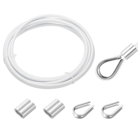 16Ft(5M) Wire Rope 304 Stainless Steel Cable 1/4"(6mm) Vinyl Coated with 2pcs Screw Chuck and Thimble for Hanging, Clotheslines, White