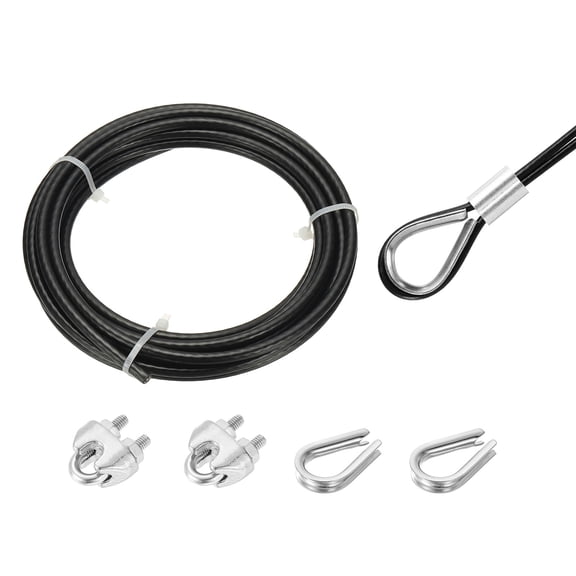 Uxcell 16Ft Wire Rope 304 Stainless Steel Cable 0.19" Vinyl Coated 2Pcs Screw Chuck Thimble Hanging Clotheslines Black