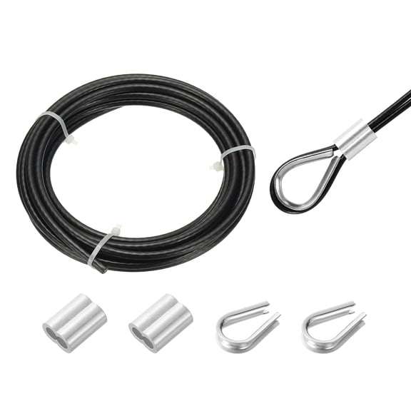 16Ft(5M) Wire Rope 304 Stainless Steel Cable 3/16"(5mm) Vinyl Coated with 2pcs Screw Chuck and Thimble for Hanging, Clotheslines, Black