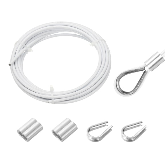 16Ft(5M) Wire Rope 304 Stainless Steel Cable 5/32"(4mm) Vinyl Coated with 2pcs Screw Chuck and Thimble for Hanging, Clotheslines, White