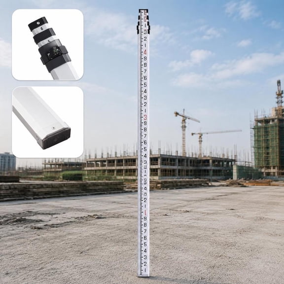 16Ft Aluminum Grade Rod, 4-Section Telescopic Measuring Rod, Double-Sided 1/10Ft Scale, Bubble Level, Carrying Bag