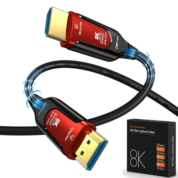 16Ft Fiber Optic HDMI Cables 8K 48Gbps, [UPGATED] Metal Armor Jacket, Ultra High Speed HDMI 2.1 Cable, 8K@60Hz 4K@120Hz, Compatible for Playstation 5 PC HDTV, Male-to-Male Black+ Red