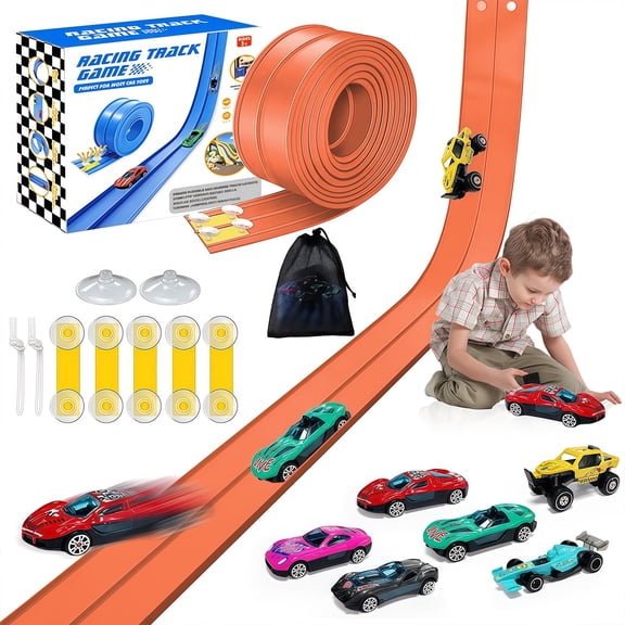 16Ft Flexible Race Track for Kids, Race Car Ramp Track Compatible with Hot Wheel Racing Car, Rolls Up Portable DIY Racetrack with Strong Suction Cups, Birthday Gifts for Boys Girls Ages 3+ -Orange