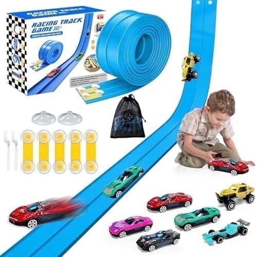 16Ft Kids Flexible Race Track - 20 Strong Suction Cups Gravity Ramp, 5 Free Cars w/Storage Bag, Blue DIY Track