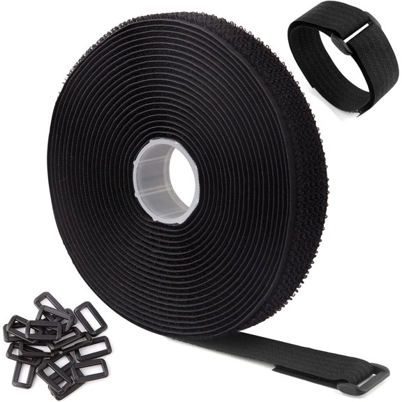 16Ft x 1In Adjustable Cable Straps with 25 Buckles, Free Cut Length, Black Reusable Fastening Ties, Hook and Loop Securing Strap for Tidy, Wire Management, Cord Organiser,