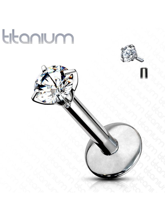 16G 1/4 Titanium Internally Threaded Labret Prong Set Cubic Zirconia Clear Diamond Gem Stud, for nose ear and more