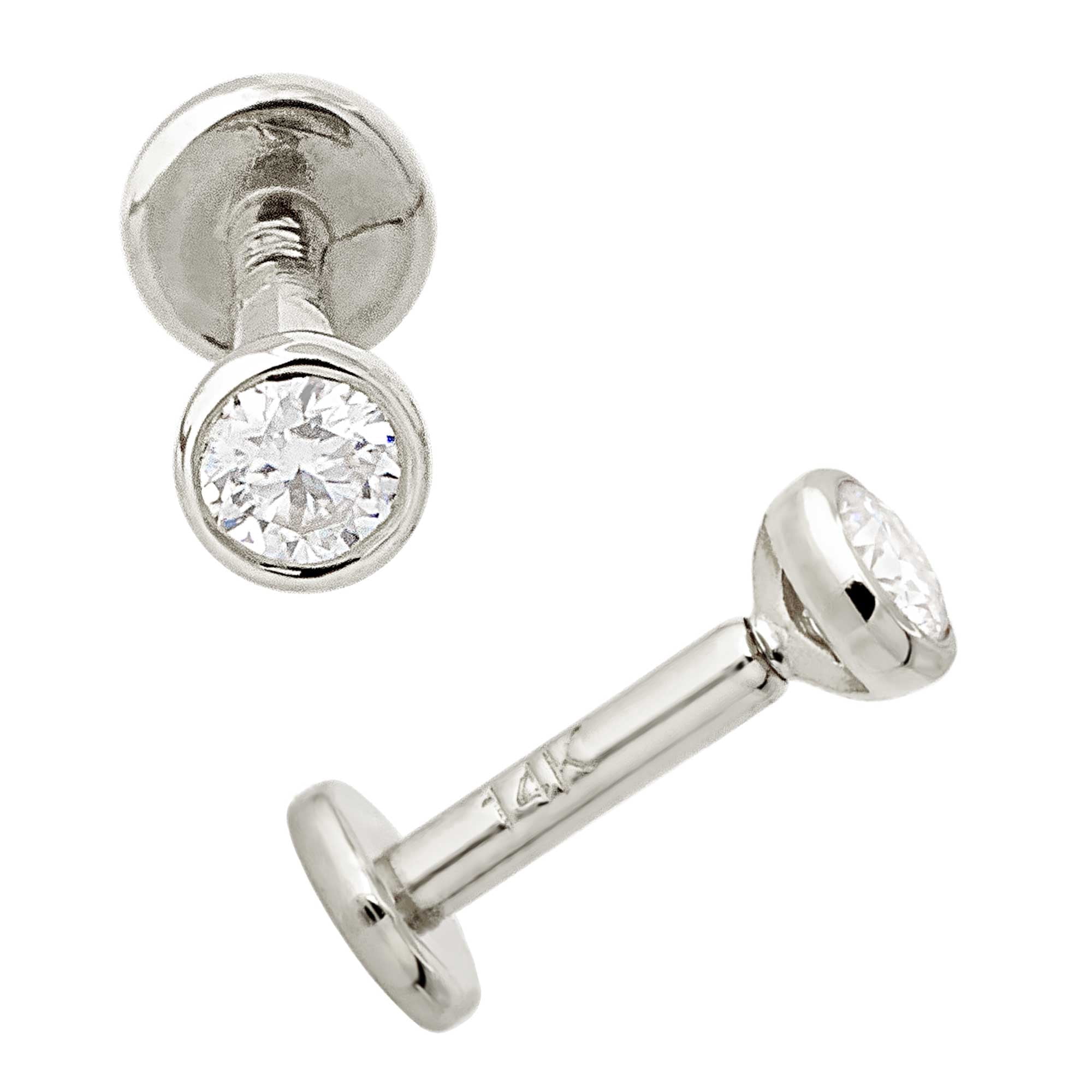 16G 14K White Gold Bezel Set 2.5mm Moissanite Labret Monroe Stud 6mm Post Flat Disk Bottom Lip Ring Tragus Stud Internally Threaded 14KLBRT-BZ25MNT6WG