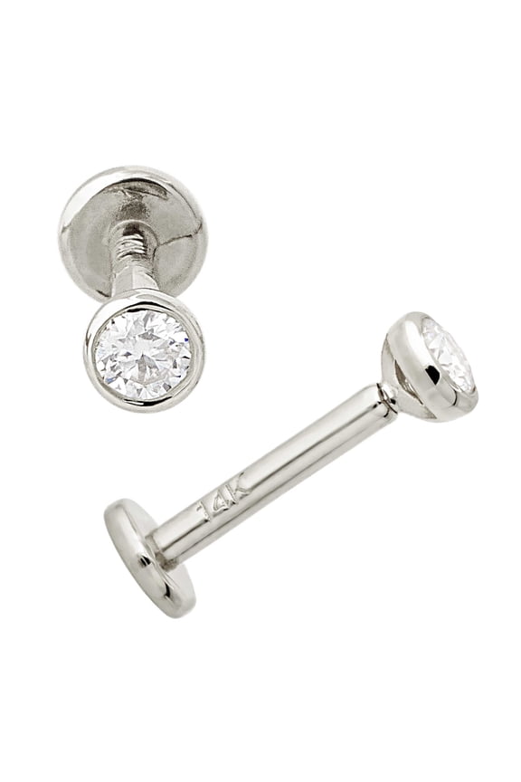 16G 14K White Gold Bezel Set 2.5mm Moissanite Labret Monroe Stud 8mm Post Flat Disk Bottom Lip Ring Tragus Stud Internally Threaded 14KLBRT-BZ25MNT8WG
