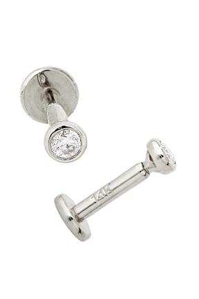 16G 14K White Gold Bezel Set 2mm Moissanite Labret Monroe Stud 6mm Post Flat Disk Bottom Lip Ring Tragus Stud Internally Threaded 14KLBRT-BZ20MNT6WG