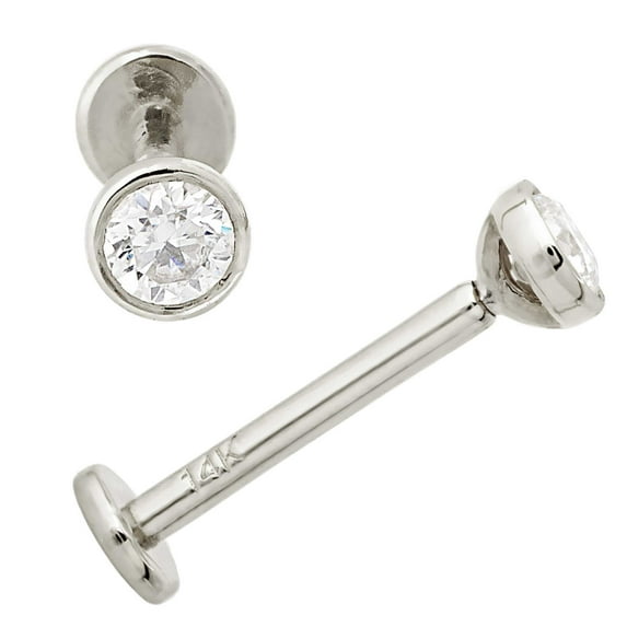 16G 14K White Gold Bezel Set 3mm Moissanite Labret Monroe Stud 10mm Post Flat Disk Bottom Lip Ring Tragus Stud Internally Threaded 14KLBRT-BZ30MNT10WG