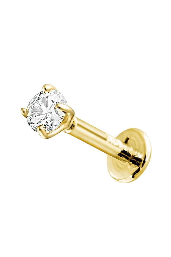 16G 14K Yellow Gold 0.08ct Diamond Labret Monroe Stud 6mm Post Flat Disk Bottom Prong Set 2.5mm Genuine Round Brilliant Cut Diamond Lip Ring Tragus Stud 14KLBRT-25WD6YG