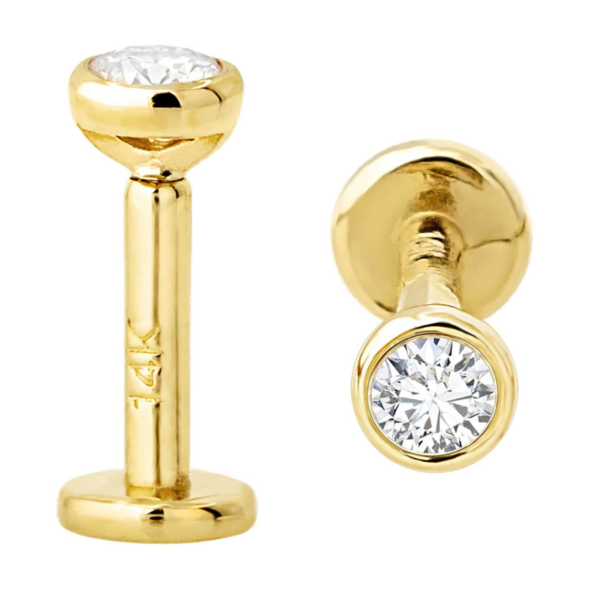 16G 14K Yellow Gold Bezel Set 2.5mm (0.08ct) Diamond Labret Monroe Stud 6mm Post Flat Disk Bottom Lip Ring Tragus Stud Internally Threaded 14KLBRTBZ-25WD6YG