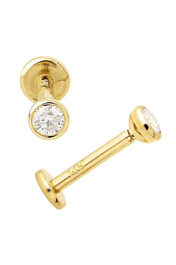 16G 14K Yellow Gold Bezel Set 2.5mm Moissanite Labret Monroe Stud 8mm Post Flat Disk Bottom Lip Ring Tragus Stud Internally Threaded 14KLBRT-BZ25MNT8YG