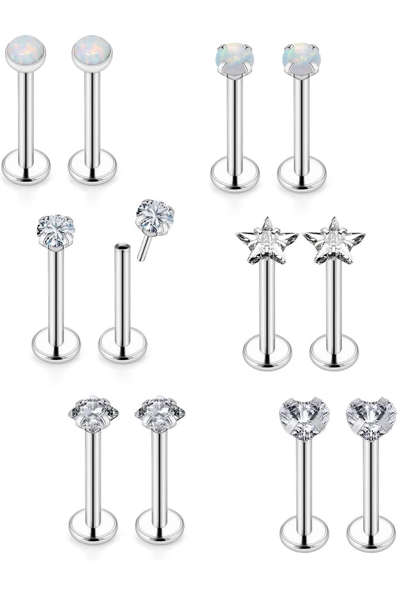 16G 18G 20G Threadless Lip Rings Surgical Steel Nose Rings Studs Tragus Helix Conch Cartilage Earrings Piercing Jewelry Women Men 6 Fine Push in Stainless Flat Back Lobe Stud for Diamond CZ[z153]