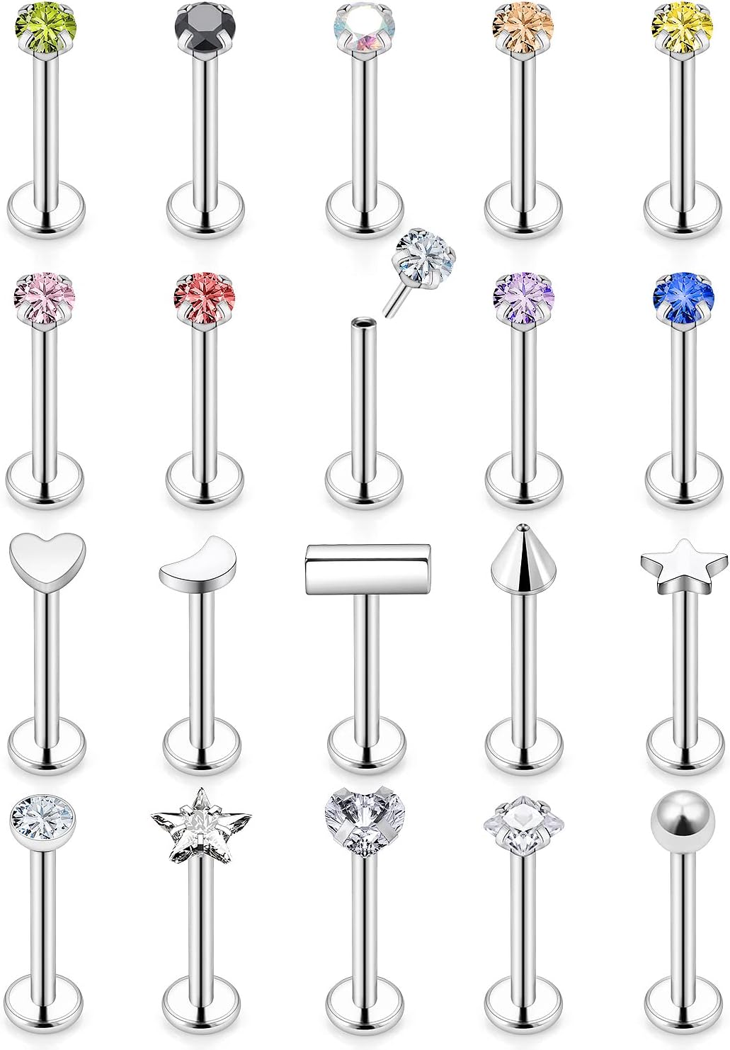16G 18G 20G Top Threadless Push in Lip Rings Stainless Steel Flat Back Nose Rings Studs Earrings Tragus Helix Conch Cartilage Lobe Earrings Stud Piercing Jewelry for Women Men CZ 20Pcs[u963]