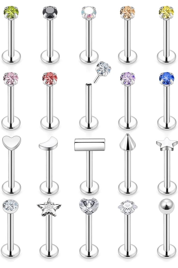 16G 18G 20G Top Threadless Push in Lip Rings Stainless Steel Flat Back Nose Rings Studs Earrings Tragus Helix Conch Cartilage Lobe Earrings Stud Piercing Jewelry for Women Men CZ 20Pcs[u963]