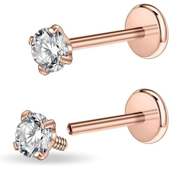 16G/18G Surgical Steel Internal Thread Cz Stud Piercing Jewelry For Tragus/Nose/Helix/Conch/Medusa/Lip/Labret - Helix Tragus Cartilage Earring For Women Men 2Pcs[Z2702]