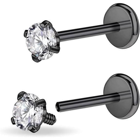 16G/18G Surgical Steel Internal Thread Cz Stud Piercing Jewelry For Tragus/Nose/Helix/Conch/Medusa/Lip/Labret - Helix Tragus Cartilage Earring For Women Men 2Pcs[Z2744]