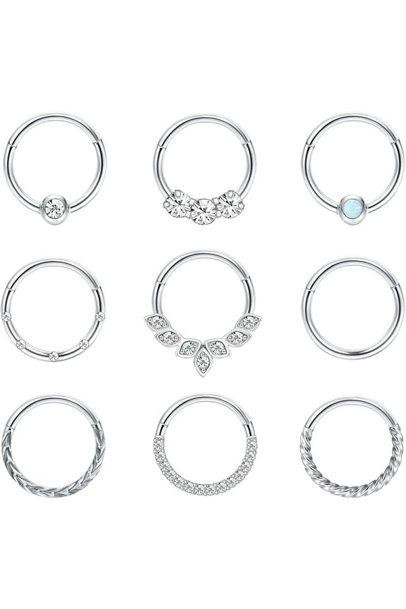 16G 18G Surgical Steel Nose Rings Hoop for Women Men CZ Opal Septum Ring Cartilage Helix Daith Piercing Jewelry 8MM 10MM Silver 18G 8MM