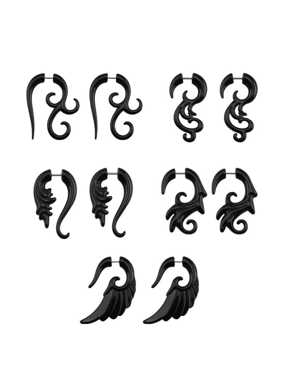 16G 5 Pairs Fake Ear Tapers Acrylic Ear Gauge Spiral Stretcher Piercing Black Fake plugs Horn Stud Earrings