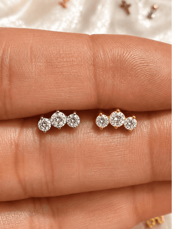 16G ASTM F136 Titanium Triple CZ Cartilage Stud | Internally Threaded Flat Back Earring | Helix, Conch, Tragus, Labret Piercing