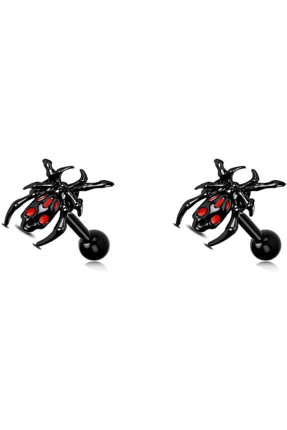 16G Black Spider Stud Earrings for Women Men Stainless Steel Gothic Halloween Skeleton Skull Earrings Cartilage Tragus Piercing Studs