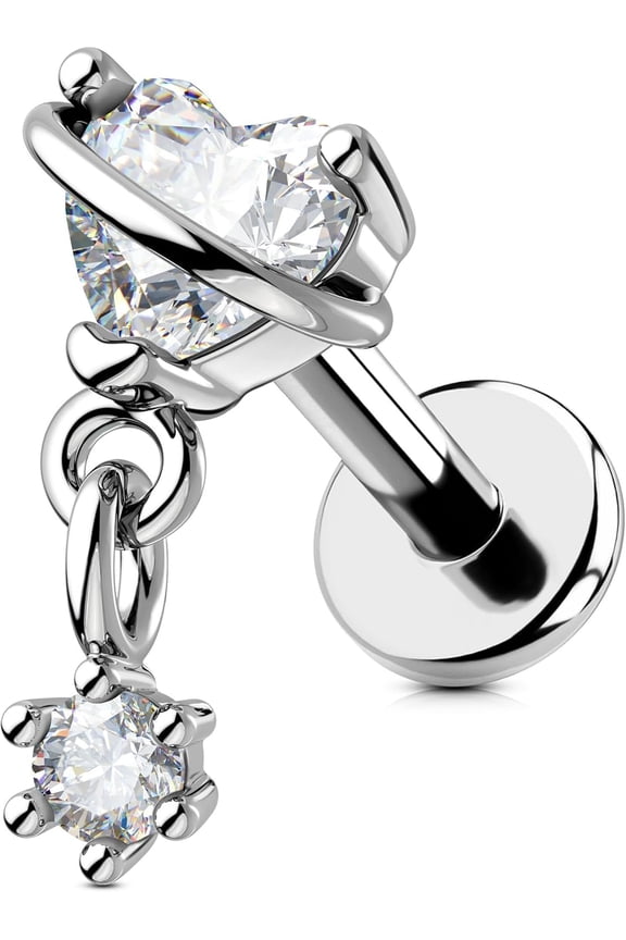 16G Fine Dangle Helix Earring Internally Threaded Conch Piercing High-Grade Stainless Steel 316L Heart/Triangle Helix Stud Transparent CZ Flat Back Earring 6 mm Cartilage Earring For Women[j572]