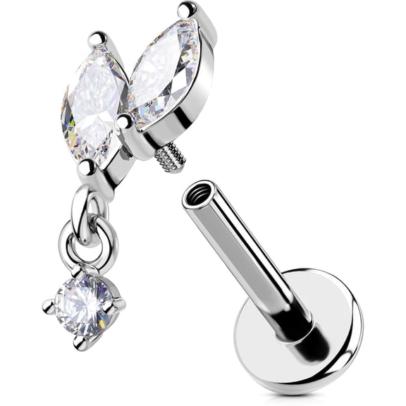 16G Fine Vine Tragus Piercing Internally Threaded Dangle Helix Stud Stainless Steel 316L Cartilage Ring Clear CZ Conch Lobe Earring 6 mm Flat Back Earring For Women[i181]