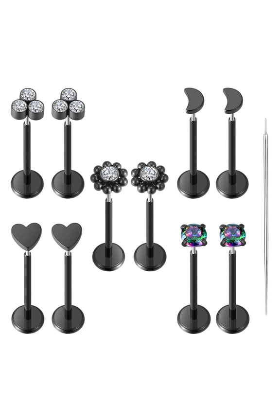 16G Flat Back Earrings Stud 316L Surgical Steel Nose Stud Rings Threadless Tragus Labret Cartilage Medusa Conch Body Piercing Jewelry Hypoallergenic for Women Men 5Pairs Black